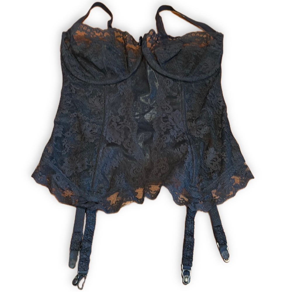 Vintage Gossard Black Lace Bustier Corset Top with garters 34D US … 34DD UK